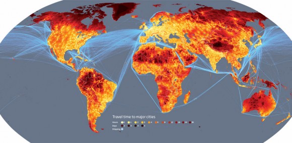 A heat map of travel-times to nearest city A heat map of travel-times to nearest city