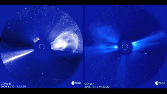 Visualization of a coronal mass ejection event on December 12-13, 2008 as seen simultaneously by the two STEREO spacecraft. The images on the right were taken by STEREO-A, while the images on the left were taken by STEREO-B. The images were taken by the COR2 telescopes on STEREO’s SECCHI instrument suite. Credit: NASA Visualization of a coronal mass ejection event on December 12-13, 2008 as seen simultaneously by the two STEREO spacecraft. The images on the right were taken by STEREO-A, while the images on the left were taken by STEREO-B. The images were taken by the COR2 telescopes on STEREO’s SECCHI instrument suite. Credit: NASA