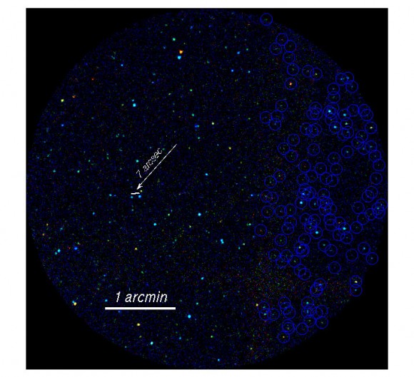 The plane of the Milky Way, recorded with the Chandra satellite in three colours: Photons with energies between 0.5 and 1keV appear red, those between 1 and 3keV green, and those between 3 and 7keV blue. Discrete sources are indicated by circles. Image: Mikhail Revnivtsev The plane of the Milky Way, recorded with the Chandra satellite in three colours: Photons with energies between 0.5 and 1keV appear red, those between 1 and 3keV green, and those between 3 and 7keV blue. Discrete sources are indicated by circles. Image: Mikhail Revnivtsev