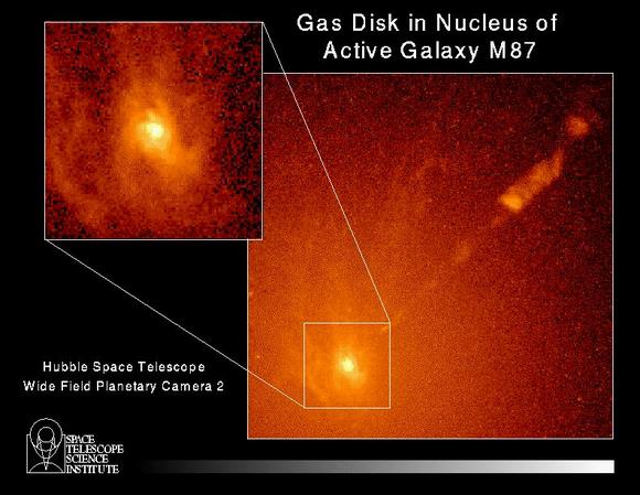 image of a spiral-shaped disk of hot gas in the core of active galaxy M87. HST measurements show the disk is rotating so rapidly it contains a massive black hole at its hub. A WFPC2 image of a spiral-shaped disk of hot gas in the core of active galaxy M87. HST measurements show the disk is rotating so rapidly it contains a massive black hole at its hub.