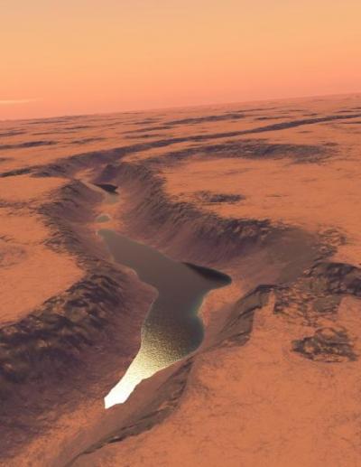 This is reconstructed landscape showing the Shalbatana lake on Mars as it may have looked roughly 3.4 billion years ago. Data used in reconstruction are from NASA and the European Space Agency. Credit: Image credit: G. Di Achille, University of Colorado This is reconstructed landscape showing the Shalbatana lake on Mars as it may have looked roughly 3.4 billion years ago. Data used in reconstruction are from NASA and the European Space Agency. Credit: Image credit: G. Di Achille, University of Colorado
