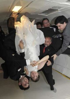Noah Fulmor and Erin Finnegan flip in float as they say their 'I Do's' in weightlessness with ZERO-G. Credit: Reuters Noah Fulmor and Erin Finnegan flip in float as they say their 'I Do's' in weightlessness with ZERO-G. Credit: Reuters