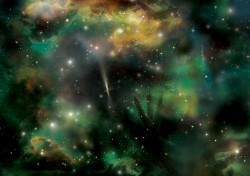 Artist's illustration of a gamma-ray burst occurring in a dusty region of intense star formation. If a dust cloud lies between the burst and Earth, the optical light will be almost entirely absorbed, but the gamma-rays and X-rays will easily penetrate the dust. New evidence suggests that most "dark" gamma-ray bursts - those without optical afterglows - form in similar dusty environments. Credit: Aurore Simonnet/Sonoma State University, NASA Education & Public Outreach Artist's illustration of a gamma-ray burst occurring in a dusty region of intense star formation. If a dust cloud lies between the burst and Earth, the optical light will be almost entirely absorbed, but the gamma-rays and X-rays will easily penetrate the dust. New evidence suggests that most "dark" gamma-ray bursts - those without optical afterglows - form in similar dusty environments. Credit: Aurore Simonnet/Sonoma State University, NASA Education & Public Outreach