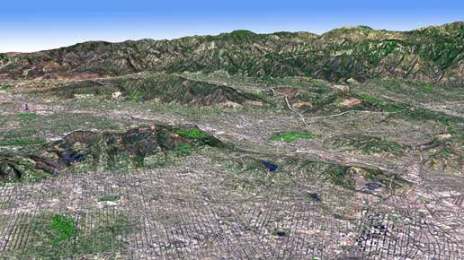 In this perspective view, the new topographic maps show the LA Basin. Credit: NASA, METI In this perspective view, the new topographic maps show the LA Basin. Credit: NASA, MET