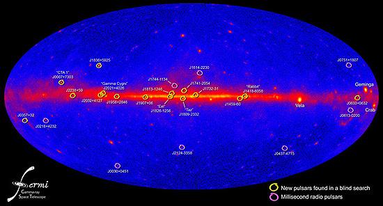 This all-sky map shows the positions of 16 new pulsars (yellow) and eight millisecond pulsars (magenta) studied using Fermi's LAT. Credit: NASA/DOE/Fermi LAT Collaboration This all-sky map shows the positions of 16 new pulsars (yellow) and eight millisecond pulsars (magenta) studied using Fermi's LAT. Credit: NASA/DOE/Fermi LAT Collaboration