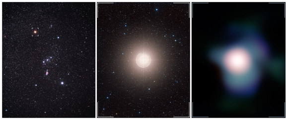 This collage shows the Orion constellation in the sky (Betelgeuse is identified by the marker), a zoom towards Betelgeuse, and the sharpest ever image of this supergiant star, which was obtained with NACO on ESO’s Very Large Telescope. Credit: ESO, P.Kervella, Digitized Sky Survey 2 and A. Fujii This collage shows the Orion constellation in the sky (Betelgeuse is identified by the marker), a zoom towards Betelgeuse, and the sharpest ever image of this supergiant star, which was obtained with NACO on ESO’s Very Large Telescope. Credit: ESO, P.Kervella, Digitized Sky Survey 2 and A. Fujii