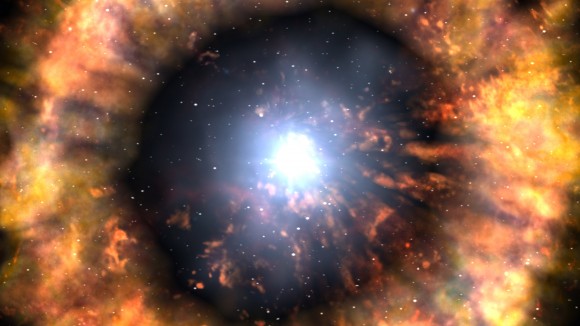 This artist’s impression of a supernova shows the layers of gas ejected prior to the final deathly explosion of a massive star. Credit: NASA/Swift/Skyworks Digital/Dana Berry This artist’s impression of a supernova shows the layers of gas ejected prior to the final deathly explosion of a massive star. Credit: NASA/Swift/Skyworks Digital/Dana Berry