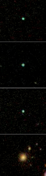 The newly discovered Green Pea galaxies. (Photo: Carolin Cardamone and Sloan Digital Sky Survey.) The newly discovered Green Pea galaxies. (Photo: Carolin Cardamone and Sloan Digital Sky Survey.)