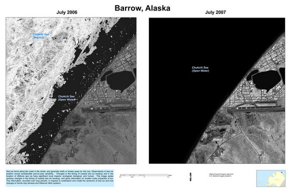 Ice loss in Barrow Alaska from 2006 to 2007. Credit: US Geological Survey