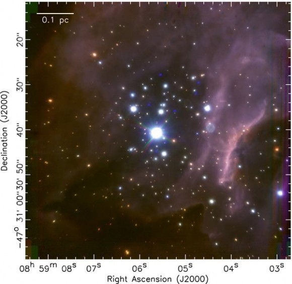 An infrared false color image of the massive stellar cluster RCW 38, where 317 young stars have been classified. Credit: DeRose et al., and ESO. An infrared false color image of the massive stellar cluster RCW 38, where 317 young stars have been classified. Credit: DeRose et al., and ESO.