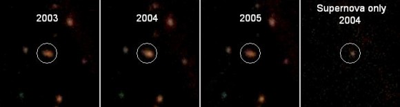 This image shows the host galaxy containing one of the newly discovered supernovae. Comparing the images shows how the galaxy visibly brightens in 2004 and then returns to normal. This suggested that in 2003 the supernova was not detected; it appeared in 2004 and was beginning to fade in 2005. The last frame subtracts the images from the years that the supernova was not detected as well as the galaxy’s light to reveal only the supernova. Credit: Jeff Cooke/CFHT This image shows the host galaxy containing one of the newly discovered supernovae. Comparing the images shows how the galaxy visibly brightens in 2004 and then returns to normal. This suggested that in 2003 the supernova was not detected; it appeared in 2004 and was beginning to fade in 2005. The last frame subtracts the images from the years that the supernova was not detected as well as the galaxy’s light to reveal only the supernova. Credit: Jeff Cooke/CFHT