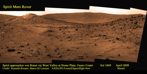 Mosaic of the area around Home Plate where Spirit remains stuck was made especially for Spaceflight Now (Used by permission). Credit: Kenneth Kremer, Marco DiLorenzo, NASA/JPL/Cornell/Spaceflight Now. Click for larger image. Mosaic of the area around Home Plate where Spirit remains stuck was made especially for Spaceflight Now (Used by permission). Credit: Kenneth Kremer, Marco DiLorenzo, NASA/JPL/Cornell/Spaceflight Now. Click for larger image.