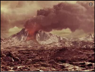 Artistic interpretation of a possible volcano on Venus.  Credits: ESA - AOES Medialab