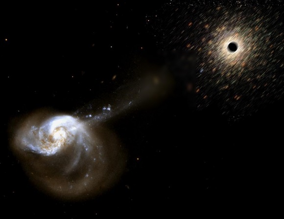 This artist’s conception shows a rogue black hole that has been kicked out from the center of two merging galaxies. The black hole is surrounded by a cluster of stars that were ripped from the galaxies. Credit: Space Telescope Science Institute This artist’s conception shows a rogue black hole that has been kicked out from the center of two merging galaxies. The black hole is surrounded by a cluster of stars that were ripped from the galaxies. Credit: Space Telescope Science Institute