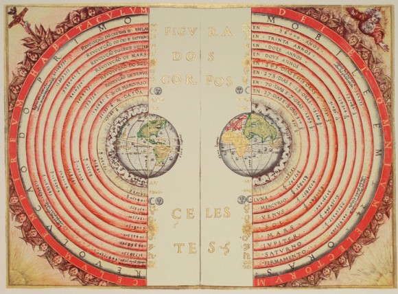 Earth is at the center of this model of the universe created by Bartolomeu Velho, a Portuguese cartographer, in 1568. Credit: NASA/Bibliothèque Nationale, Paris