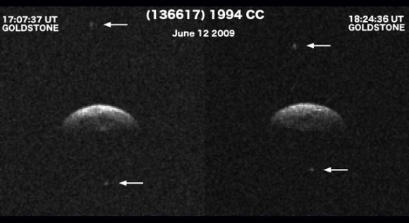 Radar imaging at NASA's Goldstone Solar System Radar on June 12 and 14, 2009, revealed that near-Earth asteroid 1994 CC is a triple system. Image Credit: NASA/JPL/GSSR Radar imaging at NASA's Goldstone Solar System Radar on June 12 and 14, 2009, revealed that near-Earth asteroid 1994 CC is a triple system. Image Credit: NASA/JPL/GSSR