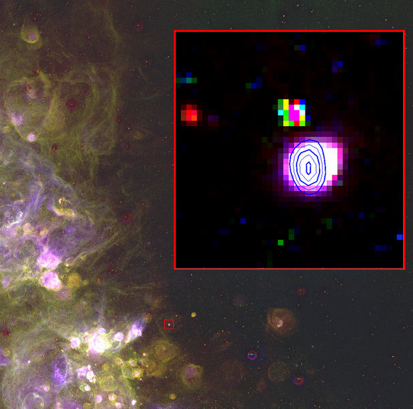 An optical image from the 0.6-m University of Michigan/CTIO Curtis Schmidt telescope of the brightest Radio Planetary Nebula in the Small Magellanic Cloud, JD 04. The inset box shows a portion of this image overlaid with radio contours from the Australia Telescope Compact Array. The planetary nebula is a glowing record of the final death throes of the star. (Optical images are courtesy of the Magellanic Cloud Emission Line Survey (MCELS) team). An optical image from the 0.6-m University of Michigan/CTIO Curtis Schmidt telescope of the brightest Radio Planetary Nebula in the Small Magellanic Cloud, JD 04. The inset box shows a portion of this image overlaid with radio contours from the Australia Telescope Compact Array. The planetary nebula is a glowing record of the final death throes of the star. (Optical images are courtesy of the Magellanic Cloud Emission Line Survey (MCELS) team).