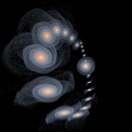 An artist's rendering shows the spiral galaxy of Andromeda, center right, over a period of about three billion years as repeated, but modified views of the dwarf galaxy Triangulum, move away from it, clockwise towards Earth, then back towards it, where Triangulum will be ultimately devoured by the Andromeda galaxy says astronomer John Dubinski. (AP Photo/Illustration by John Dubinski and Larry Widrow) An artist's rendering shows the spiral galaxy of Andromeda, center right, over a period of about three billion years as repeated, but modified views of the dwarf galaxy Triangulum, move away from it, clockwise towards Earth, then back towards it, where Triangulum will be ultimately devoured by the Andromeda galaxy says astronomer John Dubinski. (AP Photo/Illustration by John Dubinski and Larry Widrow)