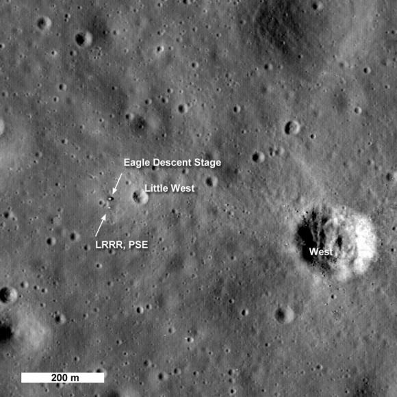 LROC's second look at the Apollo 11 Landing Site [NASA/GSFC/Arizona State University].  Click for larger version. 
