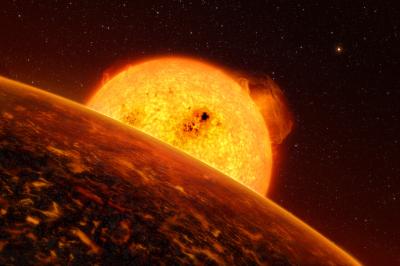 The exoplanet Corot-7b is so close to its Sun-like host star that it must experience extreme conditions. Sister planet, CoRot-7c is seen in the distance. Credit: ESO The exoplanet Corot-7b is so close to its Sun-like host star that it must experience extreme conditions. Sister planet, CoRot-7c is seen in the distance. Credit: ESO
