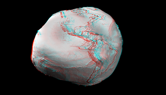 Anaglyph images created from an ESA video animation of global gravity gradients. A more accurate global map will be generated by ESA's GOCE craft. Credit: ESA and Nathaniel Burton Bradford. Anaglyph images created from an ESA video animation of global gravity gradients. A more accurate global map will be generated by ESA's GOCE craft. Credit: ESA and Nathanial Burton Bradford.
