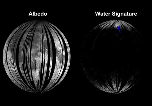 The image on the left shows albedo, or the sunlight reflected from the surface of the moon. The image on the right shows where infrared light is absorbed in the characteristic manner that indicates the presence of water and hydroxyl molecules. That image shows that signature most strongly at the cool, high latitudes near the poles. The blue arrow indicates Goldschmidt crater, a large feldspar-rich region with a higher water and hydroxyl signature. Image credit: ISRO/NASA/JPL-Caltech/Brown Univ. The image on the left shows albedo, or the sunlight reflected from the surface of the moon. The image on the right shows where infrared light is absorbed in the characteristic manner that indicates the presence of water and hydroxyl molecules. That image shows that signature most strongly at the cool, high latitudes near the poles. The blue arrow indicates Goldschmidt crater, a large feldspar-rich region with a higher water and hydroxyl signature. Image credit: ISRO/NASA/JPL-Caltech/Brown Univ.
