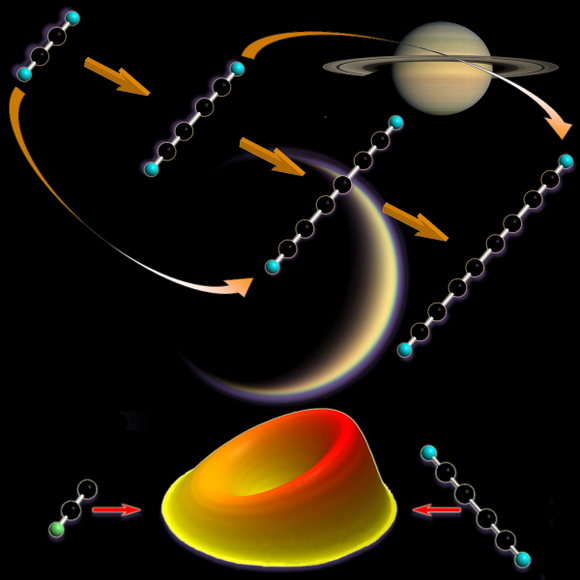 Crucial building blocks in the organic haze layers of Titan and possibly of early Earth come from chemical reactions. Image credits courtesy of NASA-JPL, Dr. Xibin Gu, and Reaction Dynamics Group, University of Hawaii. Crucial building blocks in the organic haze layers of Titan and possibly of early Earth come from chemical reactions. Image credits courtesy of NASA-JPL, Dr. Xibin Gu, and Reaction Dynamics Group, University of Hawaii.