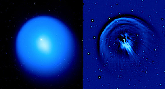 (Left) Image of comet Holmes from the 3.6-meter Canada-France-Hawaii telescope on Mauna Kea showing the large expanding dust coma. On the left, a 'raw' image is shown, in which the brightness reflects the distribution of dust in the coma of the comet (the nucleus is in the bright, point-like region to the upper left of center). On the right is shown the same image after application of the Laplacian spatial filter, to emphasize fine structures. The white/black circular objects are background stars enhanced by the Laplacian filter. (Left) Image of comet Holmes from the 3.6-meter Canada-France-Hawaii telescope on Mauna Kea showing the large expanding dust coma. On the left, a 'raw' image is shown, in which the brightness reflects the distribution of dust in the coma of the comet (the nucleus is in the bright, point-like region to the upper left of center). On the right is shown the same image after application of the Laplacian spatial filter, to emphasize fine structures. The white/black circular objects are background stars enhanced by the Laplacian filter.