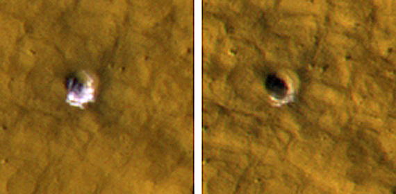 MRO took these images of a fresh, 6-meter-wide (20-foot-wide) crater on Mars on Oct. 18, 2008, (left) and on Jan. 14, 2009. Credit: NASA/JPL-Caltech/University of Arizona