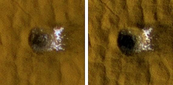 Earlier and later HiRISE images of a fresh meteorite crater 12 meters, or 40 feet, across located within Arcadia Planitia on Mars show how water ice excavated at the crater faded with time. The images, each 35 meters, or 115 feet across, were taken in November 2008 and January 2009. Credit: NASA/JPL-Caltech/University of Arizona Earlier and later HiRISE images of a fresh meteorite crater 12 meters, or 40 feet, across located within Arcadia Planitia on Mars show how water ice excavated at the crater faded with time. The images, each 35 meters, or 115 feet across, were taken in November 2008 and January 2009. Credit: NASA/JPL-Caltech/University of Arizona