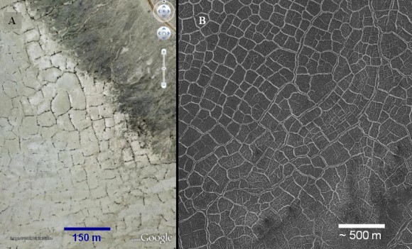 Desiccation patterns on Earth (left) and Mars (right). Credit: Google/NASA/JPL