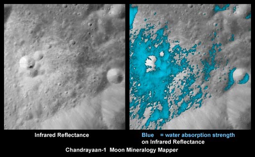 The distribution of water (light blue) around a small young crater on the Moon. Credits: ISRO/NASA/JPL-Caltech/USGS/Brown Univ. The distribution of water (light blue) around a small young crater on the Moon. Credits: ISRO/NASA/JPL-Caltech/USGS/Brown Univ.
