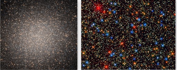 Hubble images of the Omega Centauri starfield from 2002, left, and from 2009, right. Hubble images of the Omega Centauri starfield from 2002, left, and from 2009, right.