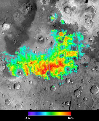 Colors map percentages of hematite in the surface materials in Meridiani Planum on Mars from 5 percent (aqua) to 25 percent (red). Opportunity landed within the black oval. MER scientists say the rocks there had once been drenched in water. Credit: NASA Colors map percentages of hematite in the surface materials in Meridiani Planum on Mars from 5 percent (aqua) to 25 percent (red). Opportunity landed within the black oval. MER scientists say the rocks there had once been drenched in water. Credit: NASA