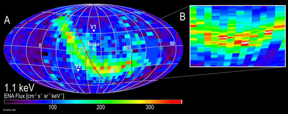 Accurate timing of the incoming ENAs allows the IBEX team to obtain a higher resolution in the latitudinal direction. The inset at right shows some of the fine detail of the ribbon. Credit: Southwest Research Institute (SwRI) Accurate timing of the incoming ENAs allows the IBEX team to obtain a higher resolution in the latitudinal direction. The inset at right shows some of the fine detail of the ribbon. Credit: Southwest Research Institute (SwRI)