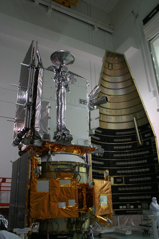 LRO (gray) and LCROSS (yellow) lunar spacecraft stacked adjacent to Atlas V payload fairing at Astrotech Payload Facility on May 15, 2009 LRO (gray) and LCROSS (yellow) lunar spacecraft stacked adjacent to Atlas V payload fairing at Astrotech Payload Facility on May 15, 2009. Credit: Ken Kremer and the Planetary Society.