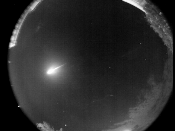 Composite all-sky camera image of the end of the fireball as seen from Hamilton (Camera #3, McMaster). Available below are movies of the event as seen by several of the SOMN cameras, as well as animations of the object's arrival at Earth.  Credit: University of Western Ontario