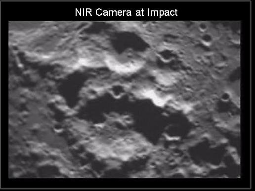 LCROSS captured this image of the lunar south pole on its way into impact on October 9, 2009. It watched the Centaur upper stage crash into a permanently shadowed area of the crater Cabeus.Credit: NASA / ARC The Near Infrared camera on LCROSS captured this image of the lunar south pole on its way into impact on October 9, 2009. It watched the Centaur upper stage crash into a permanently shadowed area of the crater Cabeus.Credit: NASA / ARC