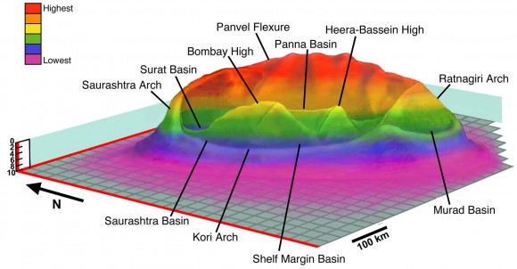 Three-dimensional reconstruction of the submerged Shiva crater (~500 km diameter) at the Mumbai Offshore Basin, western shelf of India from different cross-sectional and geophysical data. The overlying 4.3-mile-tick Cenozoic strata and water column were removed to show the morphology of the crater. Three-dimensional reconstruction of the submerged Shiva crater (~500 km diameter) at the Mumbai Offshore Basin, western shelf of India from different cross-sectional and geophysical data. The overlying 4.3-mile-tick Cenozoic strata and water column were removed to show the morphology of the crater.