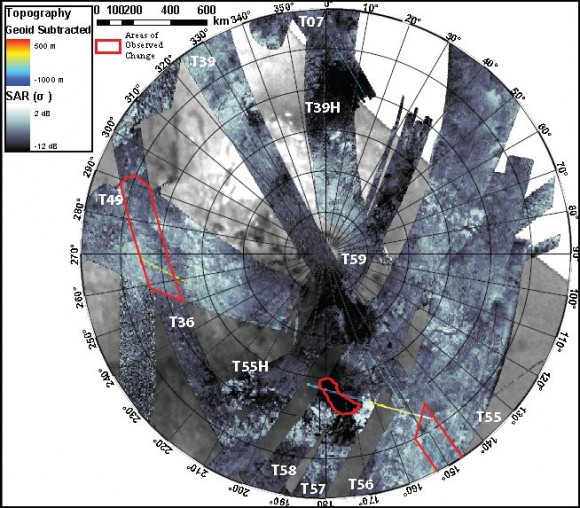 Stereographic projection of Synthetic Aperture Radar (SAR) imagery of Titan’s south polar region obtained between Sep. 2005 and July 2009. The Cassini radar has observed 60% of this area and 9% has repeat coverage. Areas where changes have been detected are outlined in red. Credit: Alex Hayes and Jonathan Lunine Stereographic projection of Synthetic Aperture Radar (SAR) imagery of Titan’s south polar region obtained between Sep. 2005 and July 2009. The Cassini radar has observed 60% of this area and 9% has repeat coverage. Areas where changes have been detected are outlined in red. Credit: Alex Hayes and Jonathan Lunine