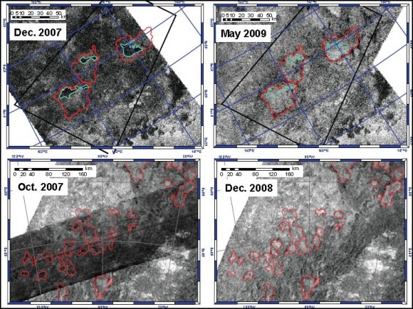 Areas where the Cassini radar has observed transient surface liquid in Titan’s south polar region. The top two images are located near (60S, 210W) and were obtained in December 2007 and May 2009. Empty lake features are outlined in red and filled lakes, observed in the 2007 image, are outlined in cyan. The lake features disappear between observations. The bottom row consists of images near (69S, 90W) obtained in Oct. 2007 and Dec. 2008. Empty lake features observed in Dec. 2008 are outlined in red. The empty lake features in the bottom-left section of the image are dark in Oct. 2007, consistent with liquid-filled lakes. In the Dec. 2008 image the brightness of these features are indistinguishable from the empty lakes in the upper-right section of the image (which are bright in both observations), suggesting surface change. Areas where the Cassini radar has observed transient surface liquid in Titan’s south polar region. The top two images are located near (60S, 210W) and were obtained in December 2007 and May 2009. Empty lake features are outlined in red and filled lakes, observed in the 2007 image, are outlined in cyan. The lake features disappear between observations. The bottom row consists of images near (69S, 90W) obtained in Oct. 2007 and Dec. 2008. Empty lake features observed in Dec. 2008 are outlined in red. The empty lake features in the bottom-left section of the image are dark in Oct. 2007, consistent with liquid-filled lakes. In the Dec. 2008 image the brightness of these features are indistinguishable from the empty lakes in the upper-right section of the image (which are bright in both observations), suggesting surface change.