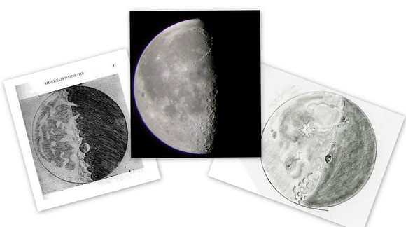 A collage of 21-day old Moons, sketched by Galileo, (left), an image from Jane Houston Jones' telescope, center, and Jane's sketch, right. A collage of 21-day old Moons, sketched by Galileo, (left), an image from Jane Houston Jones' telescope, center, and Jane's sketch, right.