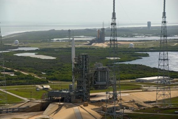 Ares I-X and the space shuttle on the launchpads at KSC. Credit: NASA