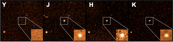 Images of the afterglow of GRB 090423 taken (left to right) with the Y, J, H and K filters. The absence of any flux in the Y filter is a strong indication that the GRB is very high redshift (Credit: A. J. Levan & N. R. Tanvir) Images of the afterglow of GRB 090423 taken (left to right) with the Y, J, H and K filters. The absence of any flux in the Y filter is a strong indication that the GRB is very high redshift (Credit: A. J. Levan & N. R. Tanvir)
