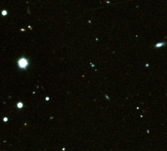 This image shows the afterglow of GRB 090423 (red source in the centre) and was created from images taken in the z, Y and J filters at Gemini-South and VLT (credit: A. J. Levan). This image shows the afterglow of GRB 090423 (red source in the centre) and was created from images taken in the z, Y and J filters at Gemini-South and VLT (credit: A. J. Levan).
