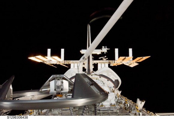 Starship Enterprise?  No, just the space shuttle and space station. Credit: NASA