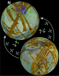 This mosaic of Cassini, SAR, ISS, and VIS images data shows that there are many more lakes in the northern regions of Titan than in the south. The eccentric orbit of Saturn is thought to have caused this imbalance. Image Credit: NASA/JPL/Caltech/University of Arizona/Cassini Imaging Team