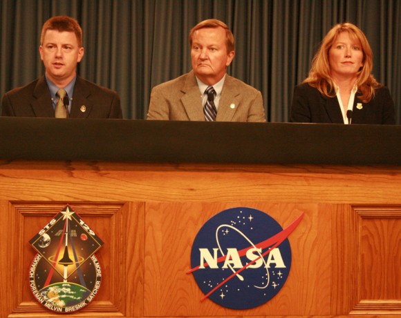 NASA managers unanimously declare Atlantis is “Go” for launch after reviewing all flight and hardware issues according to Mike Moses (left), director of Shuttle integration at a KSC press briefing. Shuttle Launch director Mike Leinbach (center) said “We are right on the money with the launch countdown. Cryogenics are being loaded into the shuttle fuel cells”. Weather officer Kathy Winters (right) predicted a 90 percent chance of favorable weather at launch time on November 16. Credit: Ken Kremer