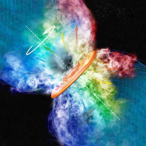 Artist's conception of the "boiling disk" surrounding the massive young stellar object known as Orion Source I.  Credit: Bill Saxton, NRAO/AUI/NSF