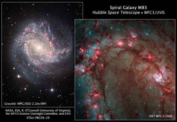 M83 from ESO and Hubble. Credit for Hubble Image: NASA, ESA, R. O'Connell (University of Virginia), B. Whitmore (Space Telescope Science Institute), M. Dopita (Australian National University), and the Wide Field Camera 3 Science Oversight Committee M83 from ESO and Hubble. Credit for Hubble Image: NASA, ESA, R. O'Connell (University of Virginia), B. Whitmore (Space Telescope Science Institute), M. Dopita (Australian National University), and the Wide Field Camera 3 Science Oversight Committee
